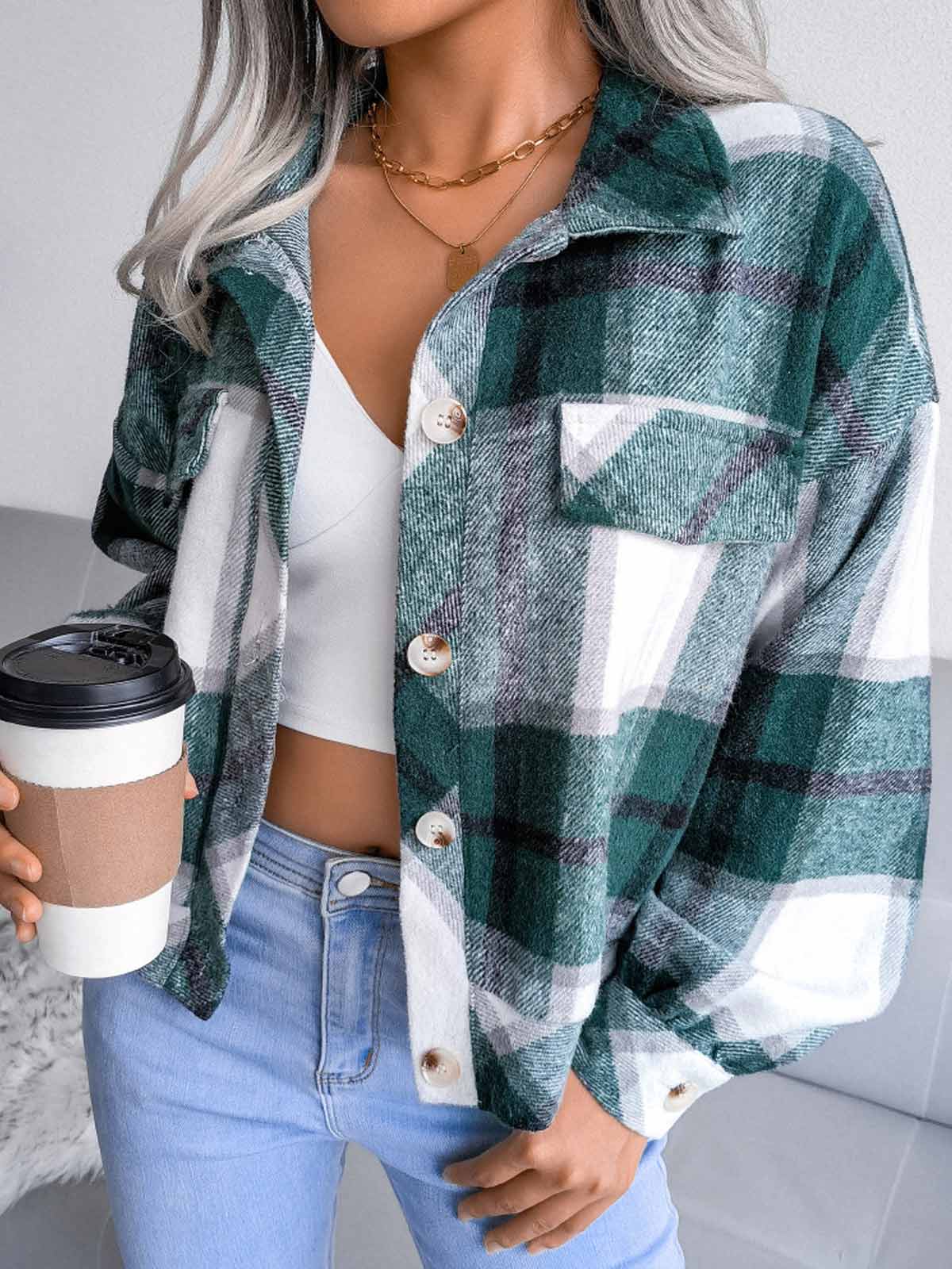 Plaid Lantern Long Sleeve Jacket