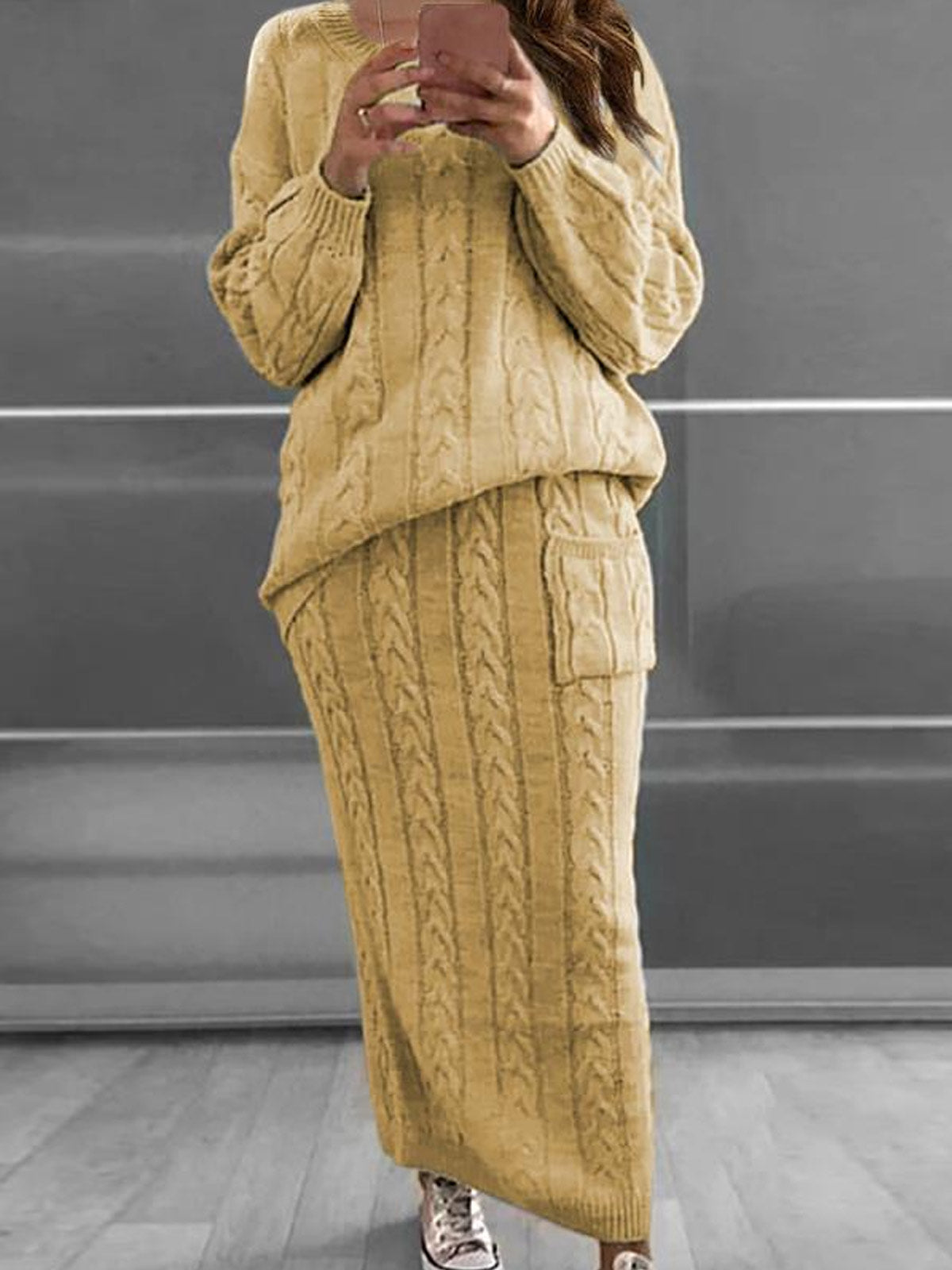 Chunky Cable Knit Long Sweater Sets