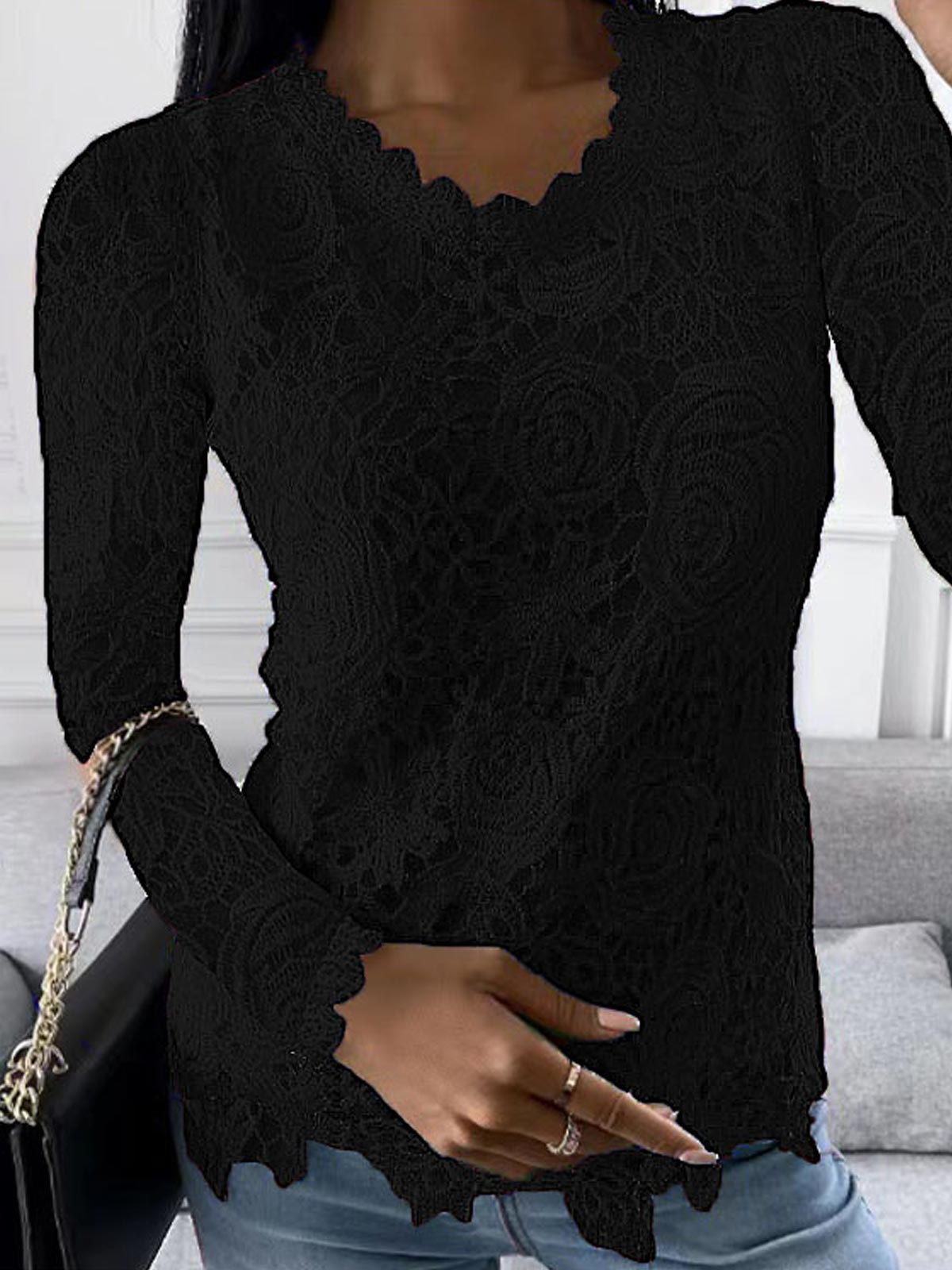 Lace Long Sleeve Crew Neck Tops