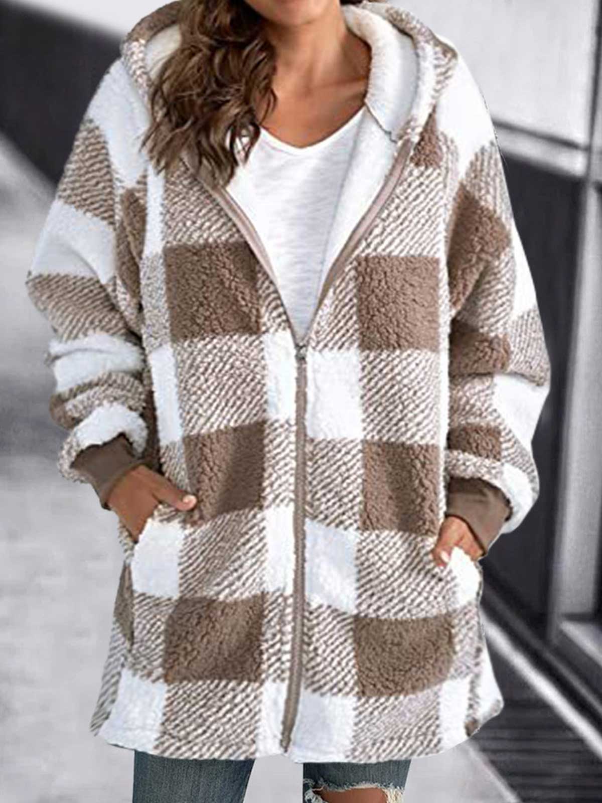 Oversized Hoodie Plaid Loose Overcoat