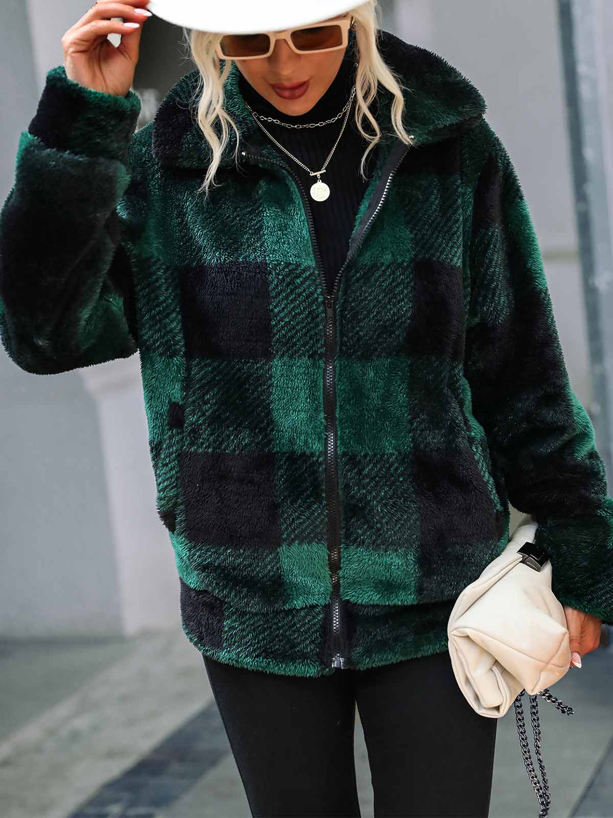 Lapel Plaid Zip-Up Jacket