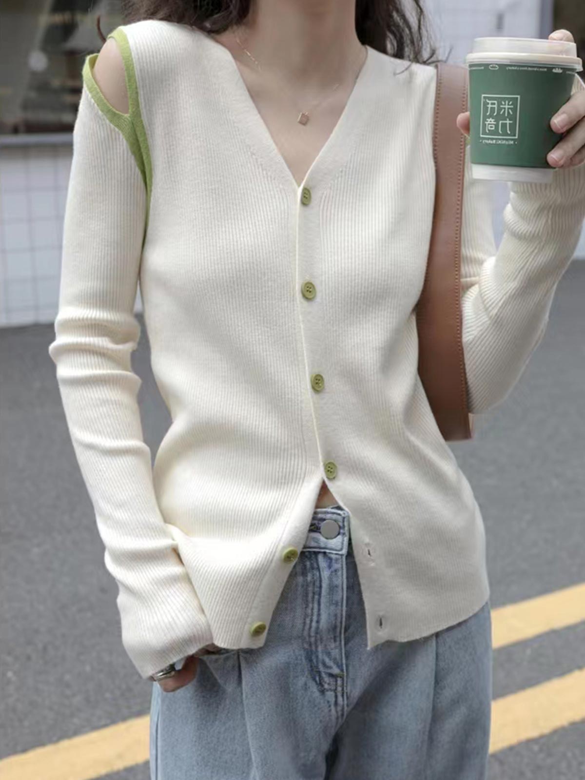 Cut Out Button Down Knit Tops