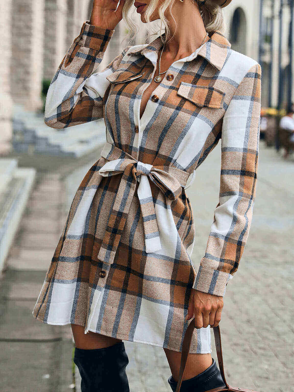 Lapel Plaid Midi Dress with Belt