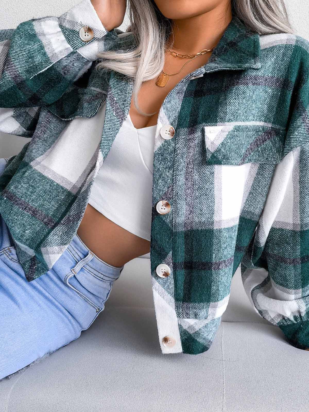 Plaid Lantern Long Sleeve Jacket