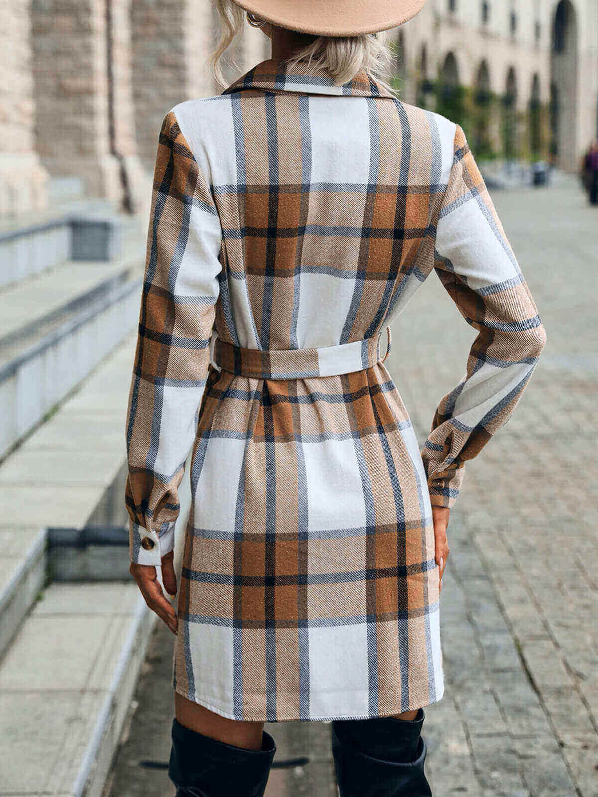 Lapel Plaid Midi Dress with Belt