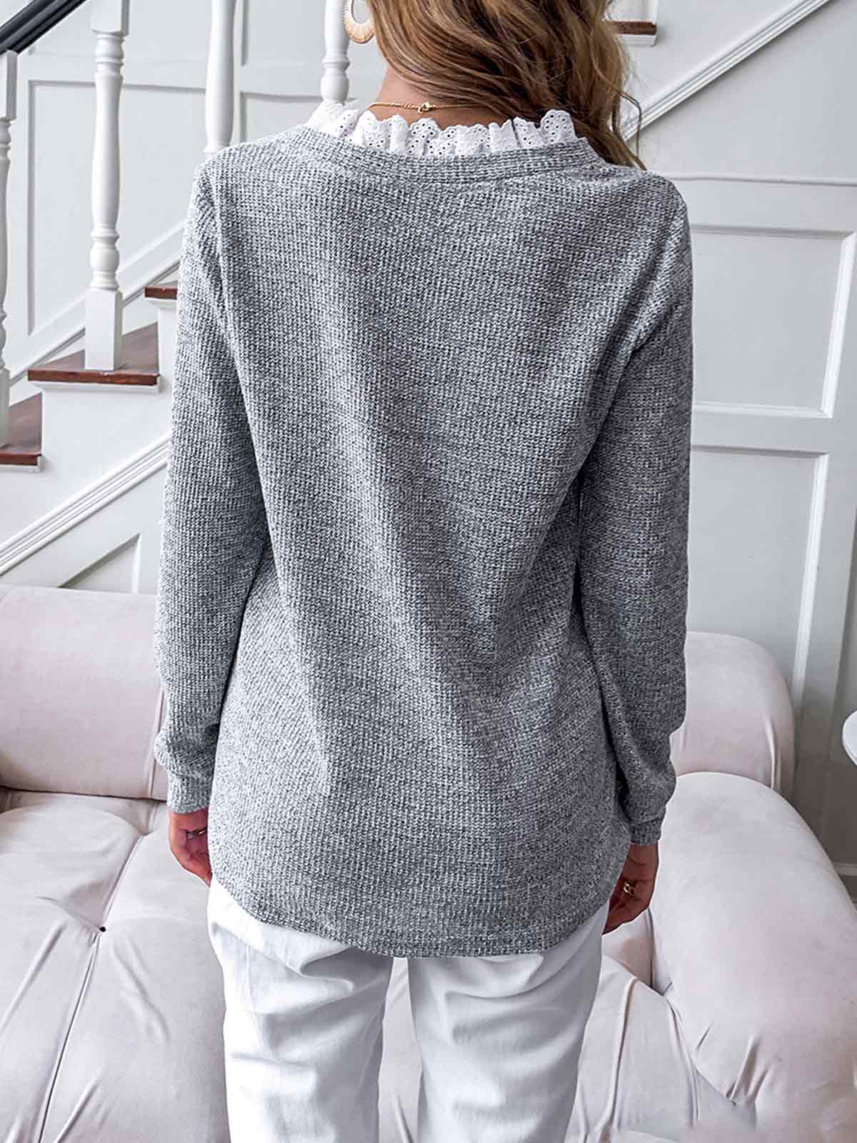 Lace V Neck Long Sleeve Pullover Sweater