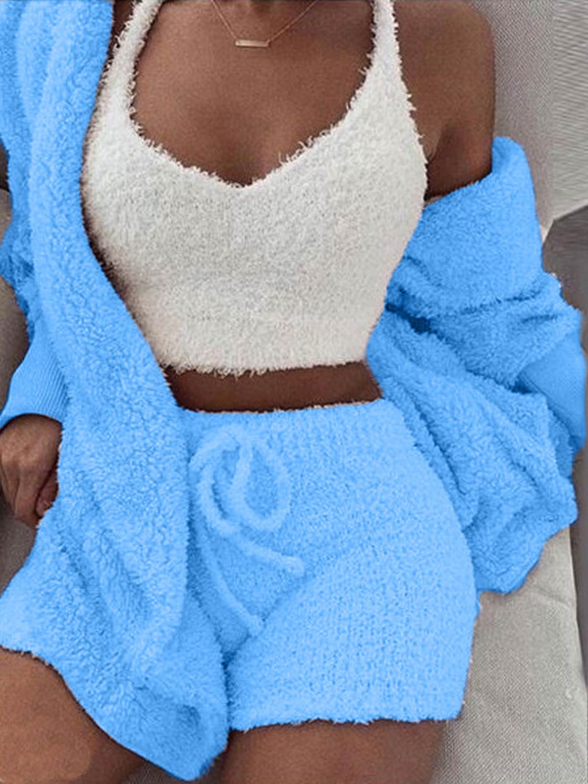 Sexy Fuzzy 3-Piece Outfits Hooded Loungewear