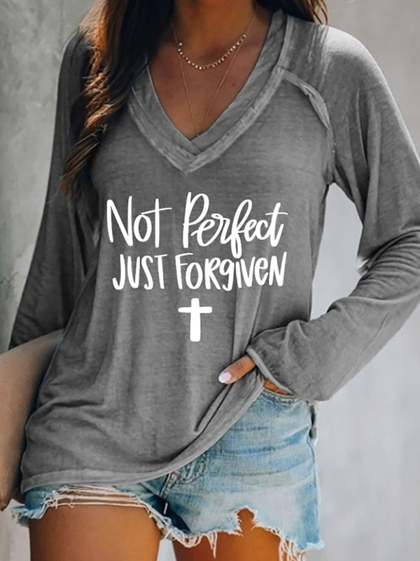 Not Perfect Just Forgiven V-Neck Long Sleeves T-shirt