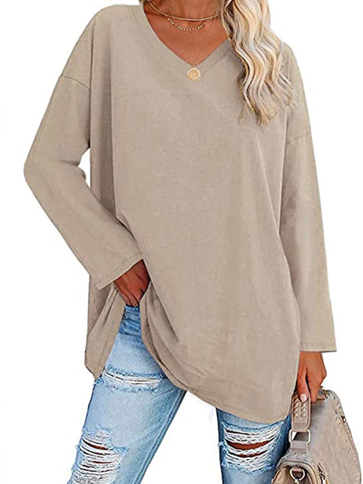 Casual V-neck Plain Tops