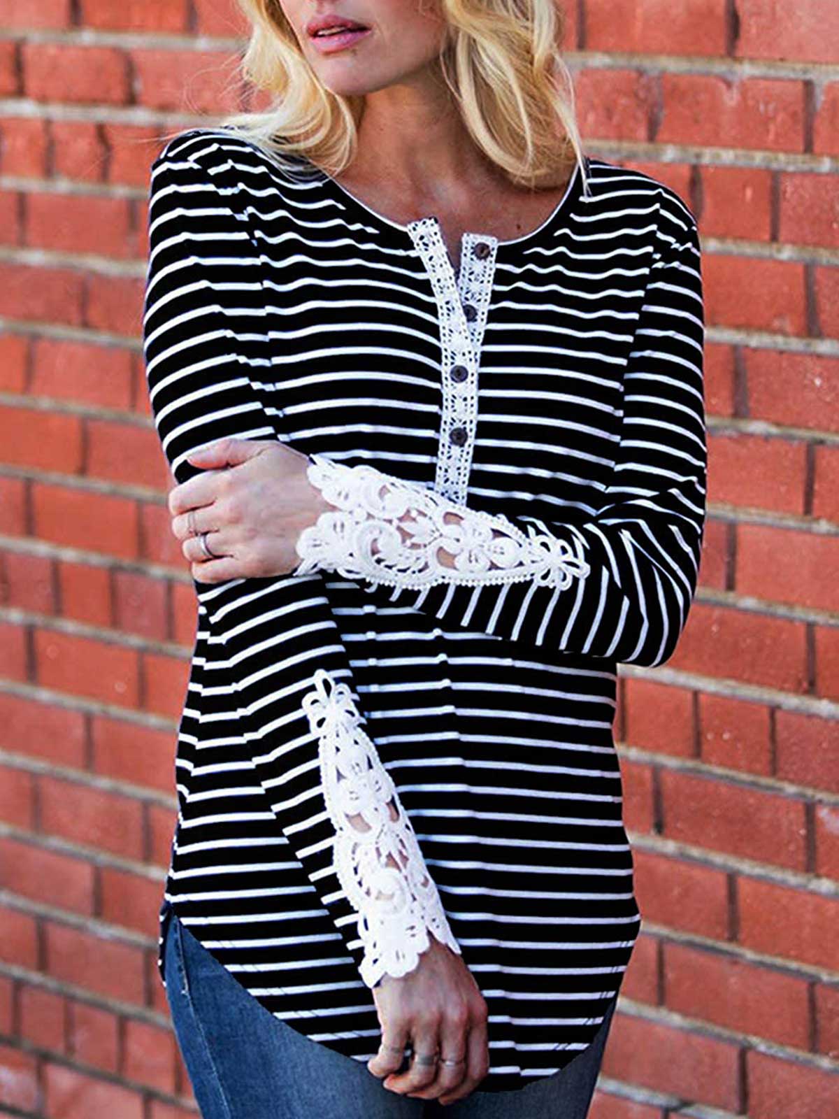 Striped Button Down Lace Blouse