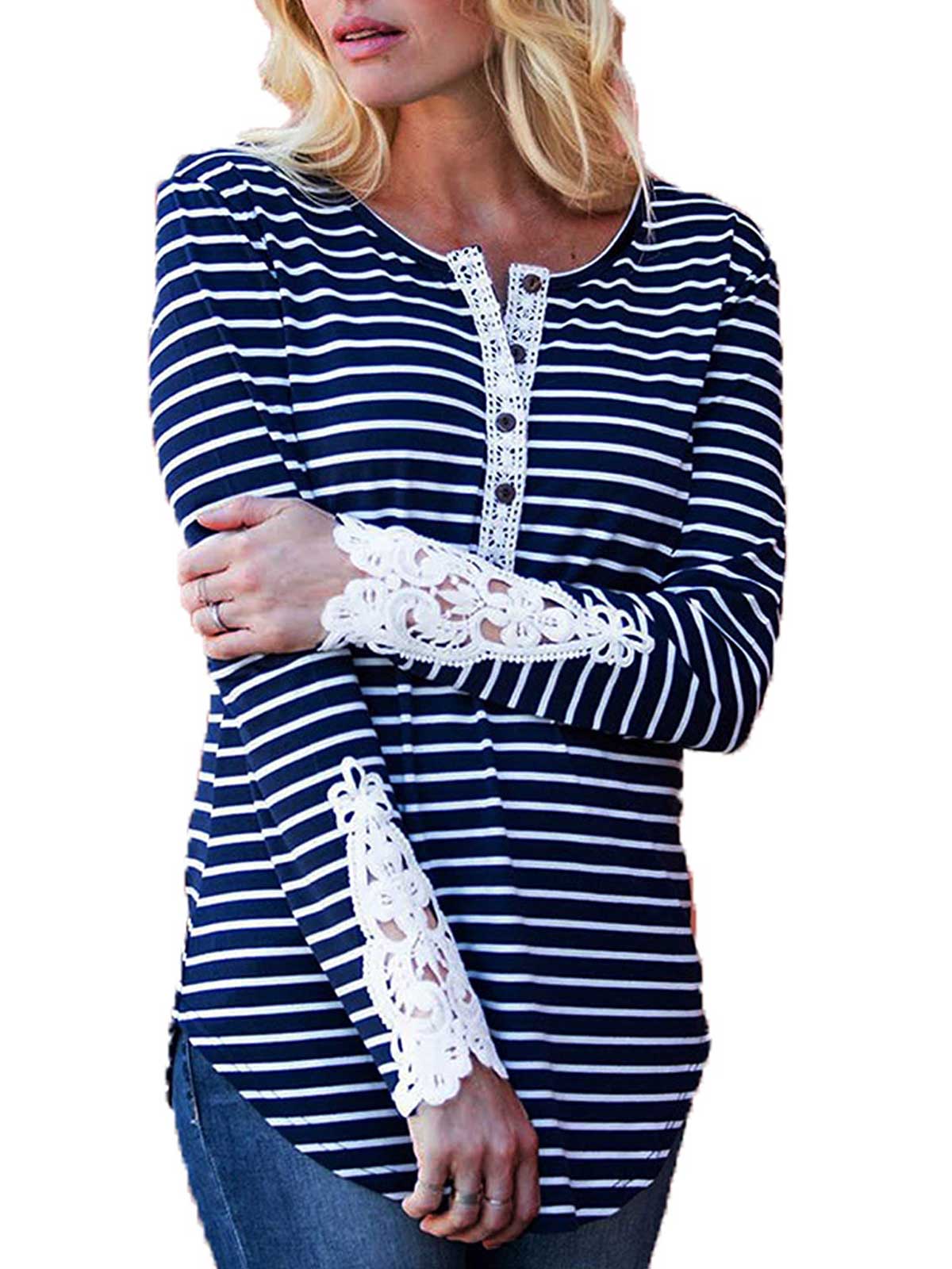 Striped Button Down Lace Blouse