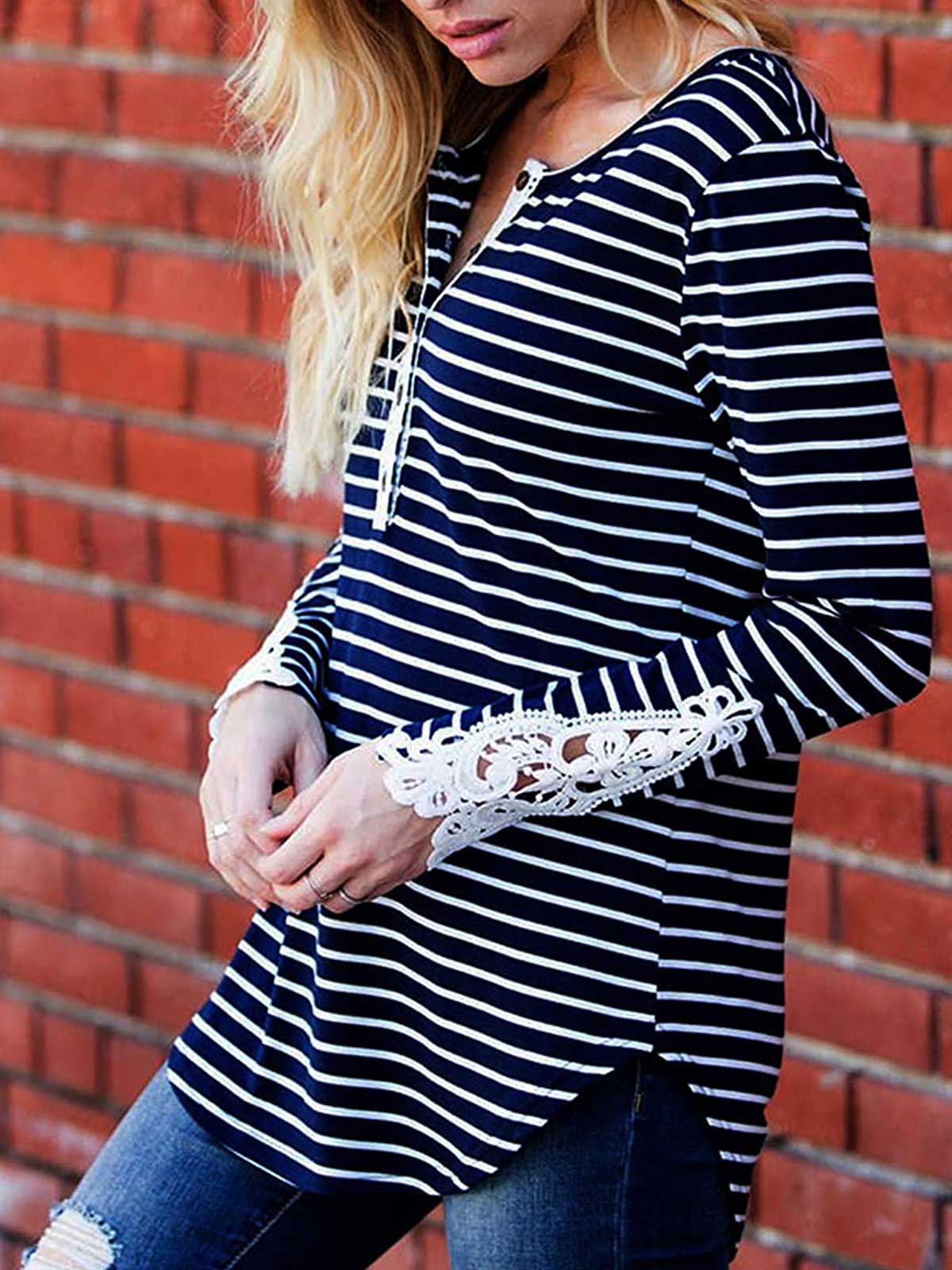 Striped Button Down Lace Blouse