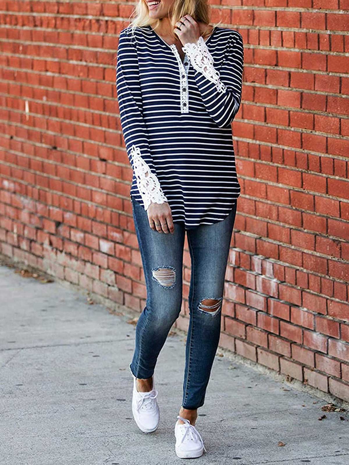 Striped Button Down Lace Blouse