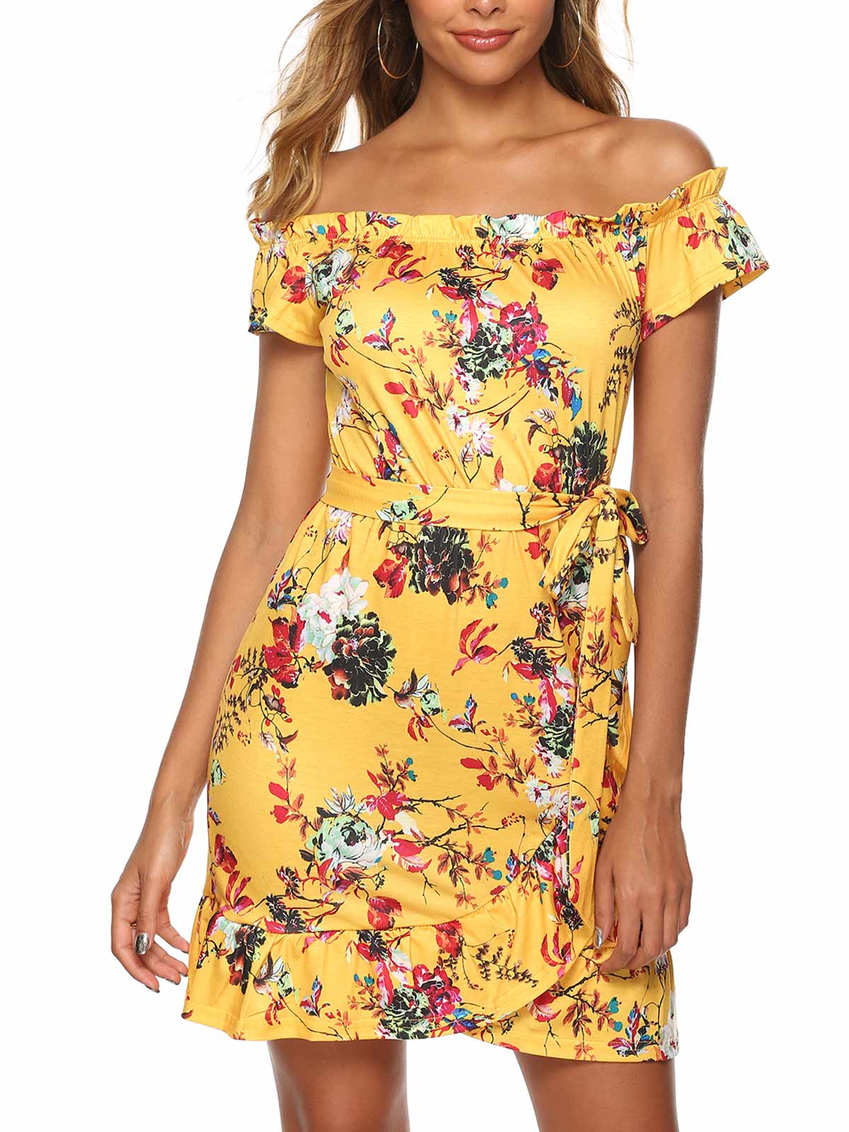 Off Shoulder Floral Print Mini Dresses