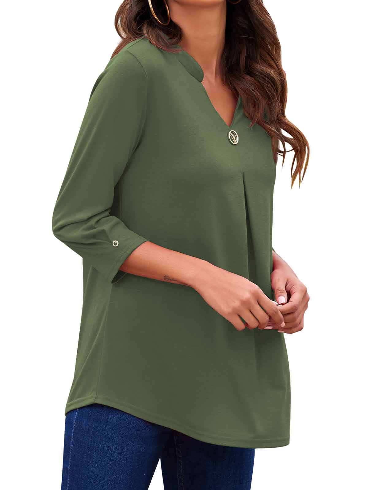 3/4 Sleeve Pleated Plain Tops