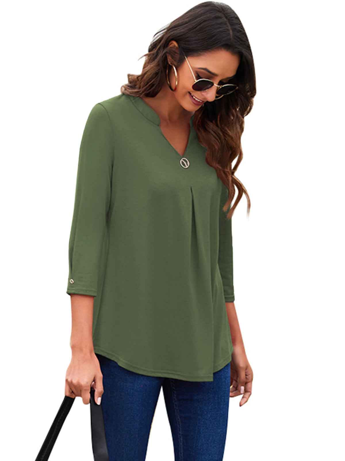 3/4 Sleeve Pleated Plain Tops