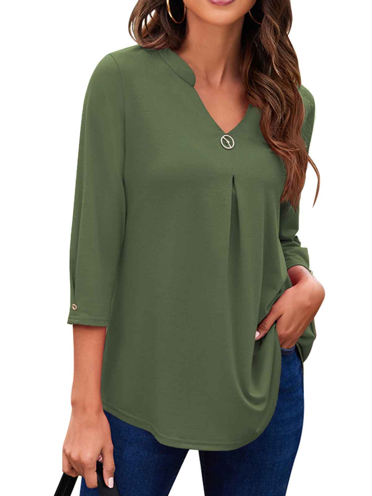 3/4 Sleeve Pleated Plain Tops