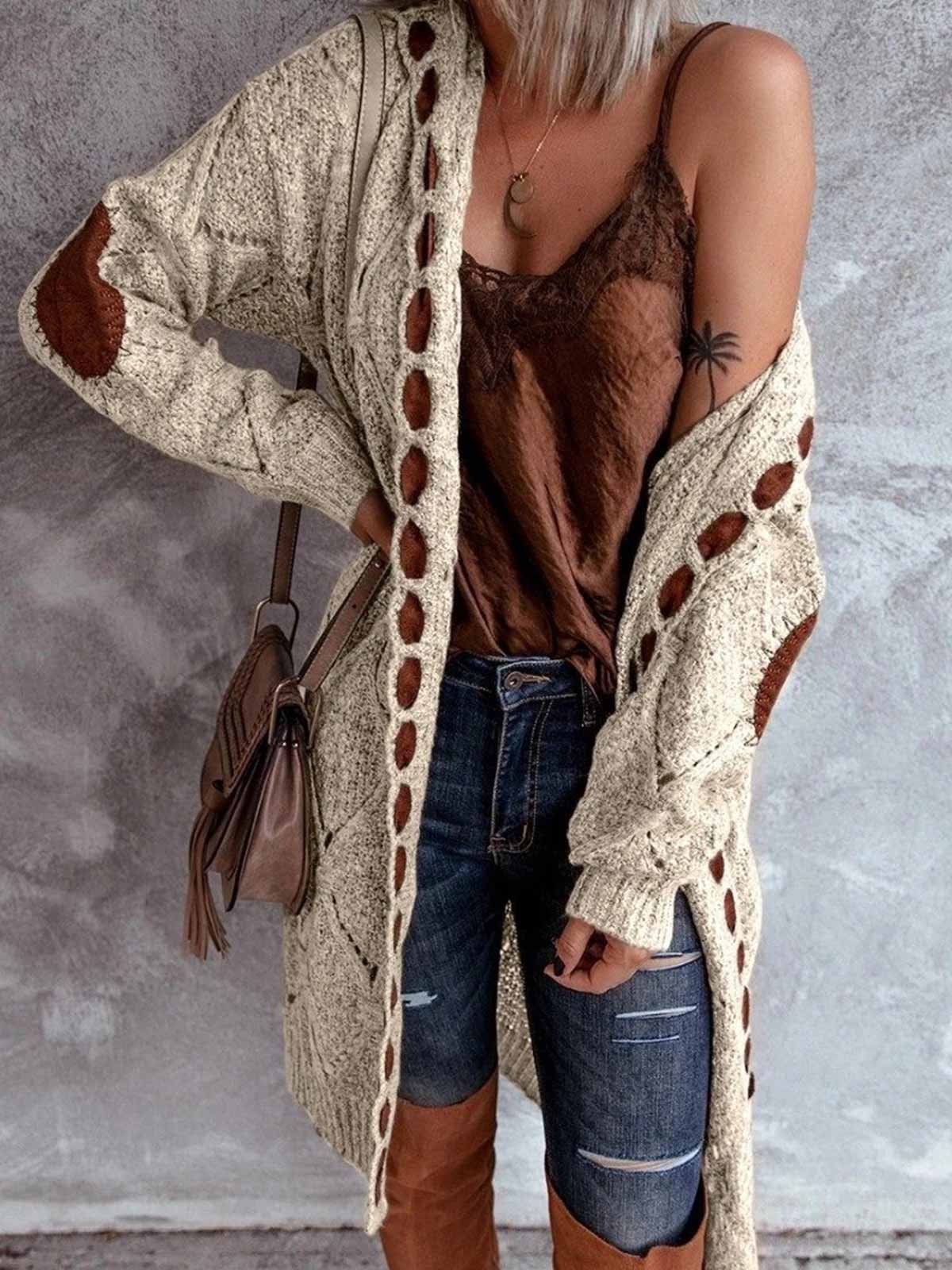 Diamond Elbow Patch Hooded Cardigan Sweater