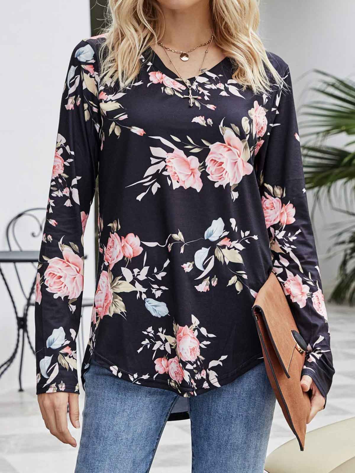 Floral Print V Neck Tops