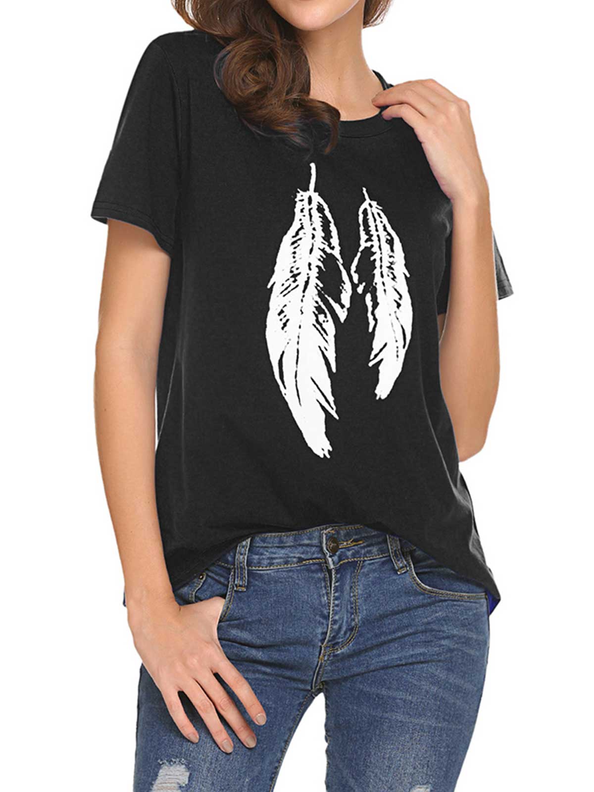 Feather Print Plain T-shirt