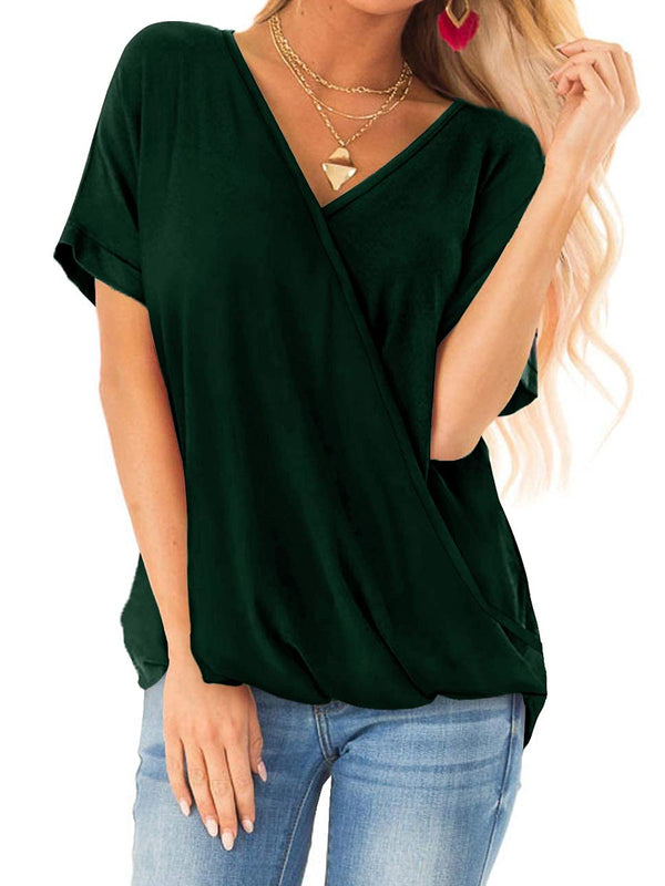 V Neck Plain Pleated Tops