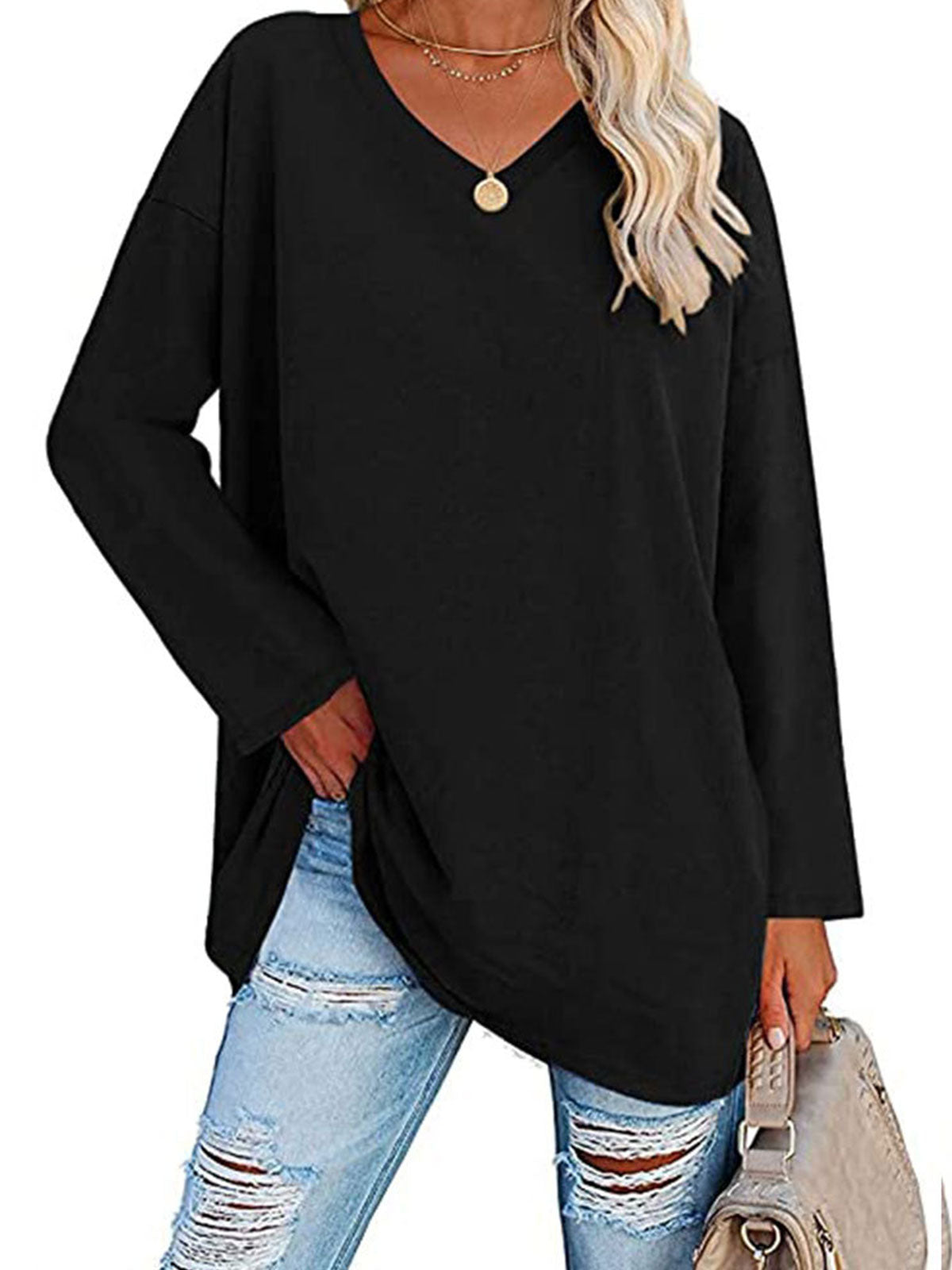 Casual V-neck Plain Tops