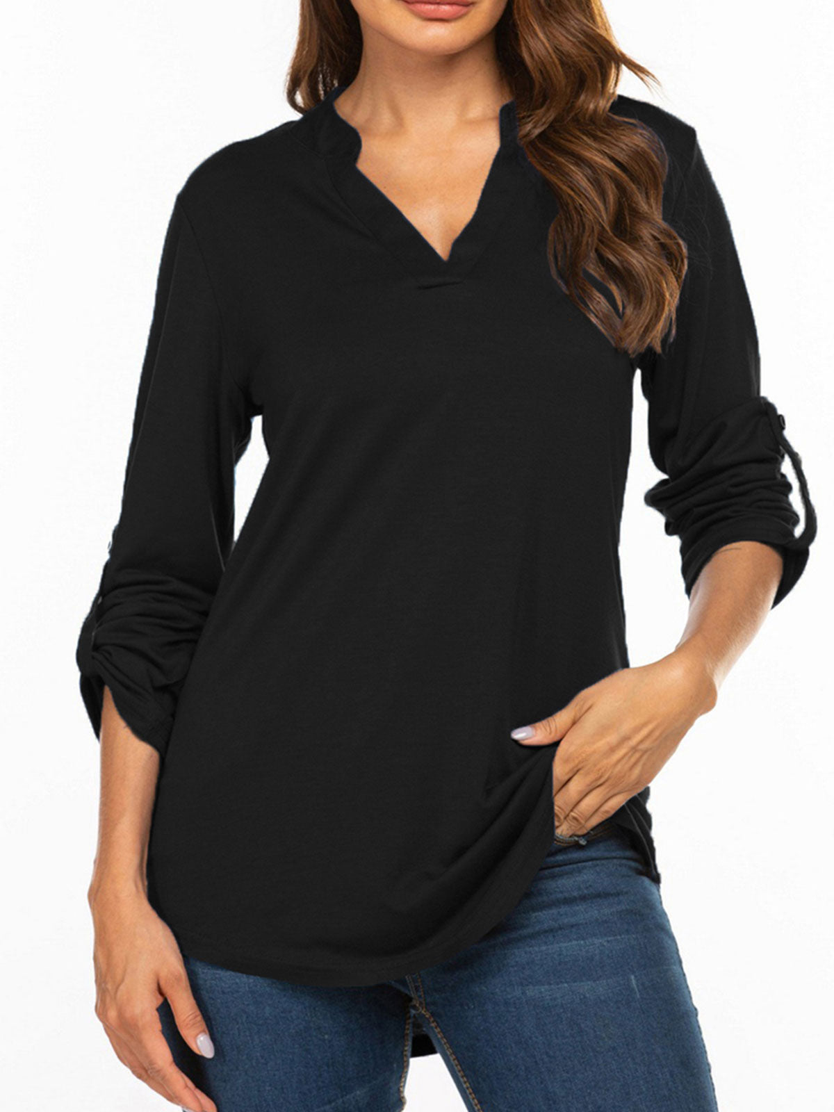 3/4 Sleeve Plain V Neck Tops