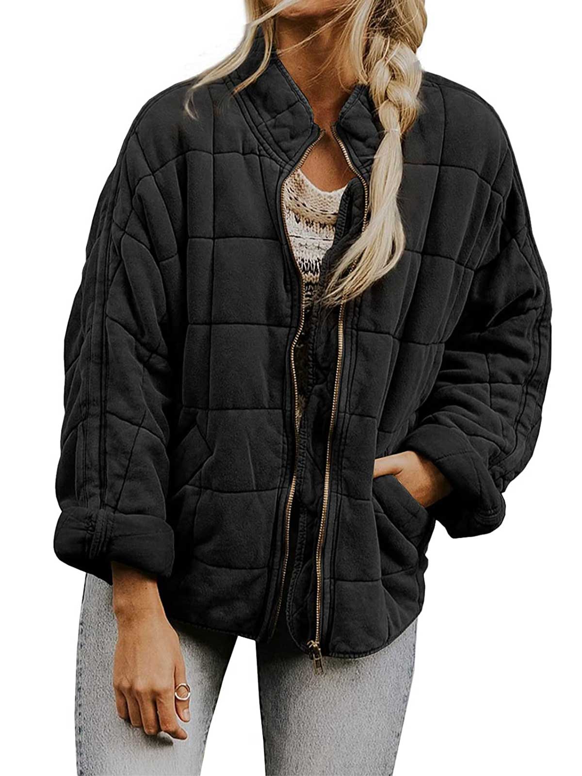 Open Zip Solid Color Padded Jacket