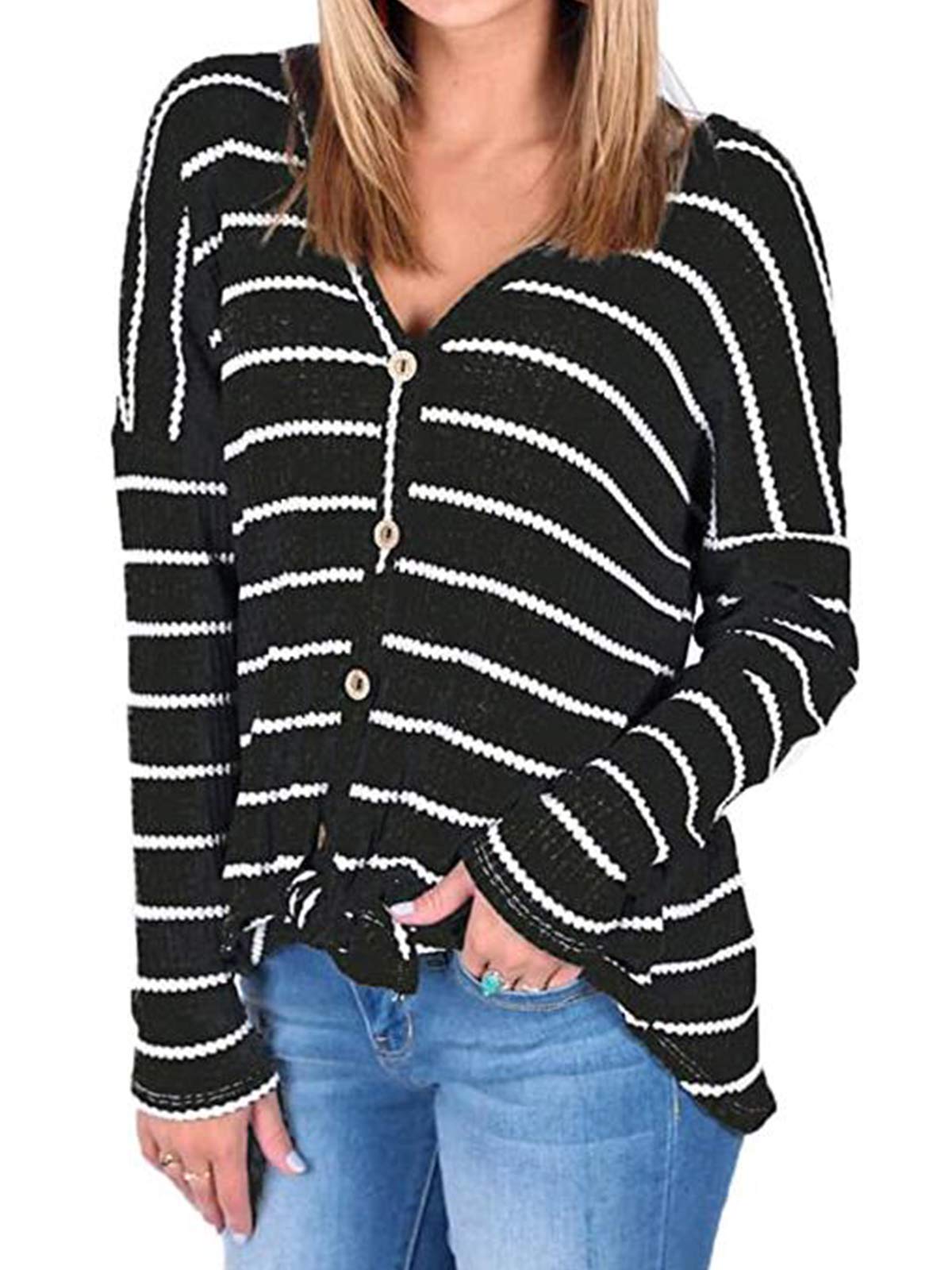 Striped Print Button Down Knit Cardigan