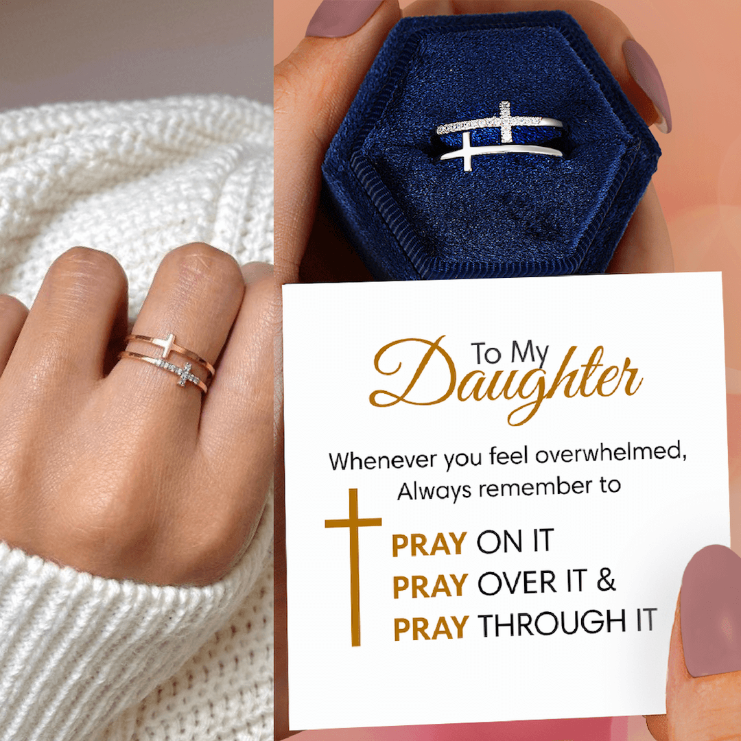 To My Daughter "Pray Through It" Twin Band Cross Ring - Gold