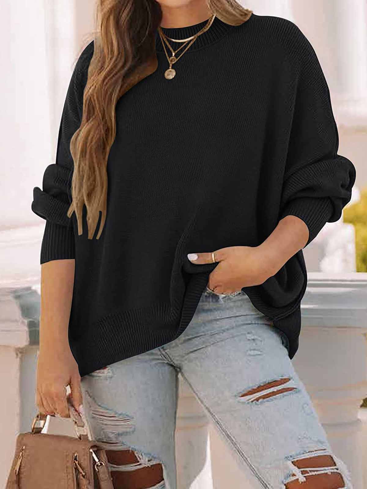 Side Slit Knit Balloon Sleeve Sweater