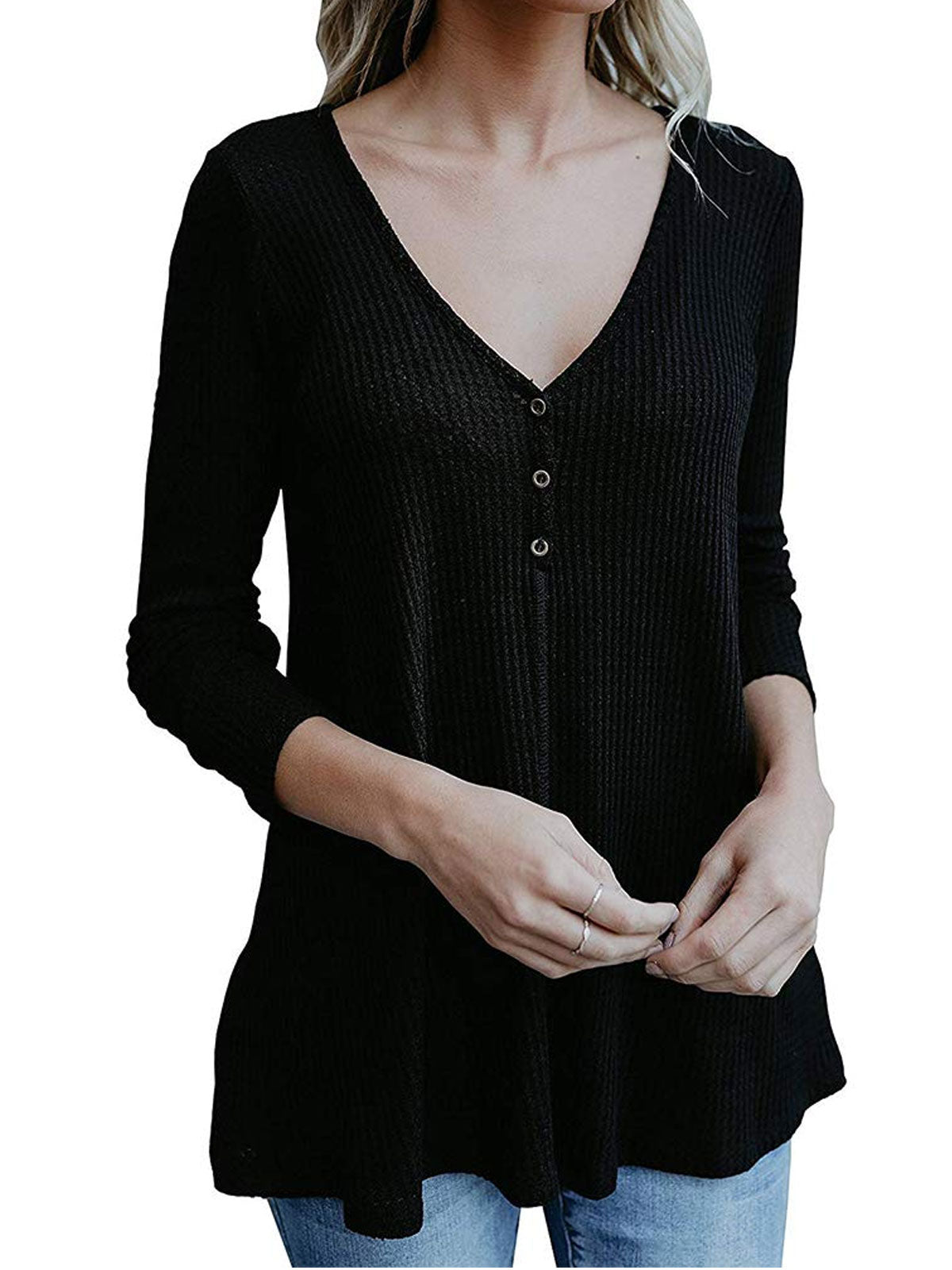 Botton Down V Neck Knit Tops