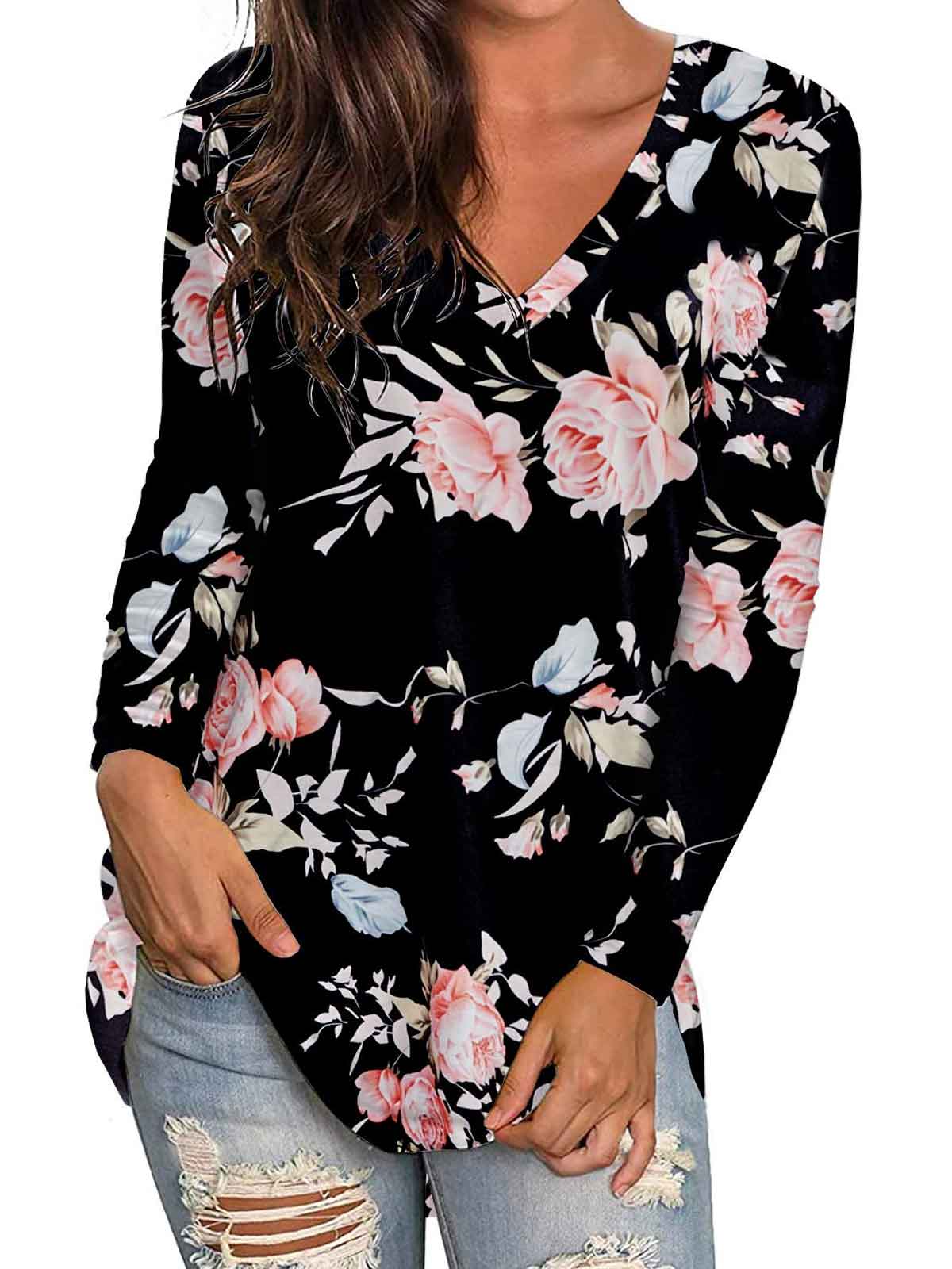 Floral Print V Neck Tops