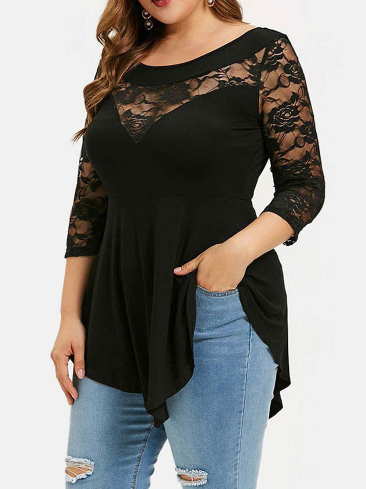 Oversiize Lace Iregular Hem Tops