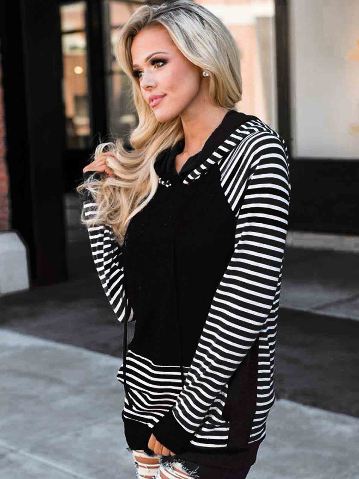 Striped Color Block Hoodie Sweatshirt with Pocket