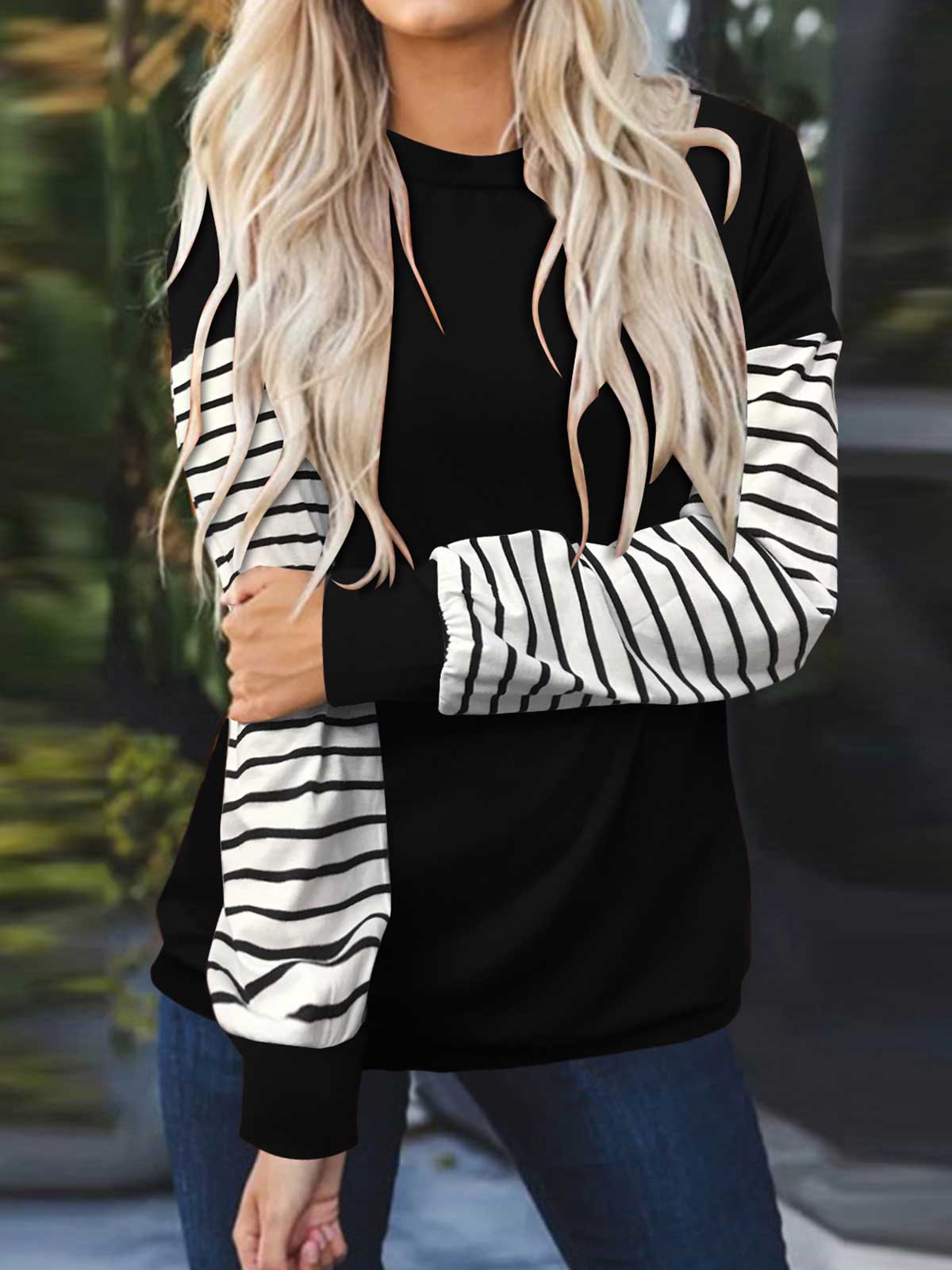 Striped Patchwork Sleeve Tops