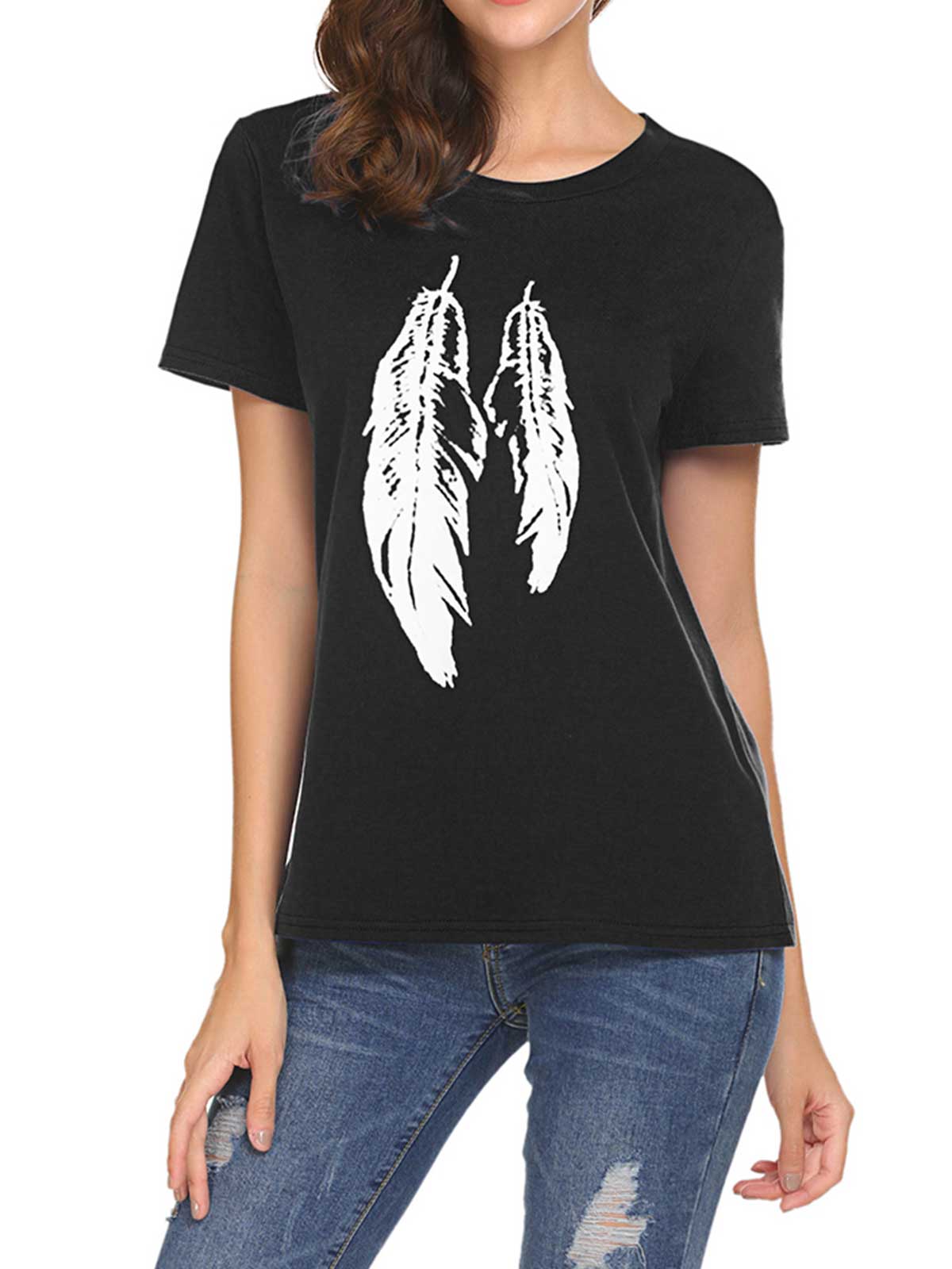 Feather Print Plain T-shirt