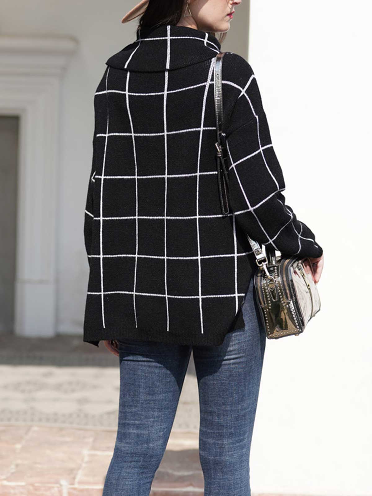 Turtleneck Slide Split Plaid Sweater