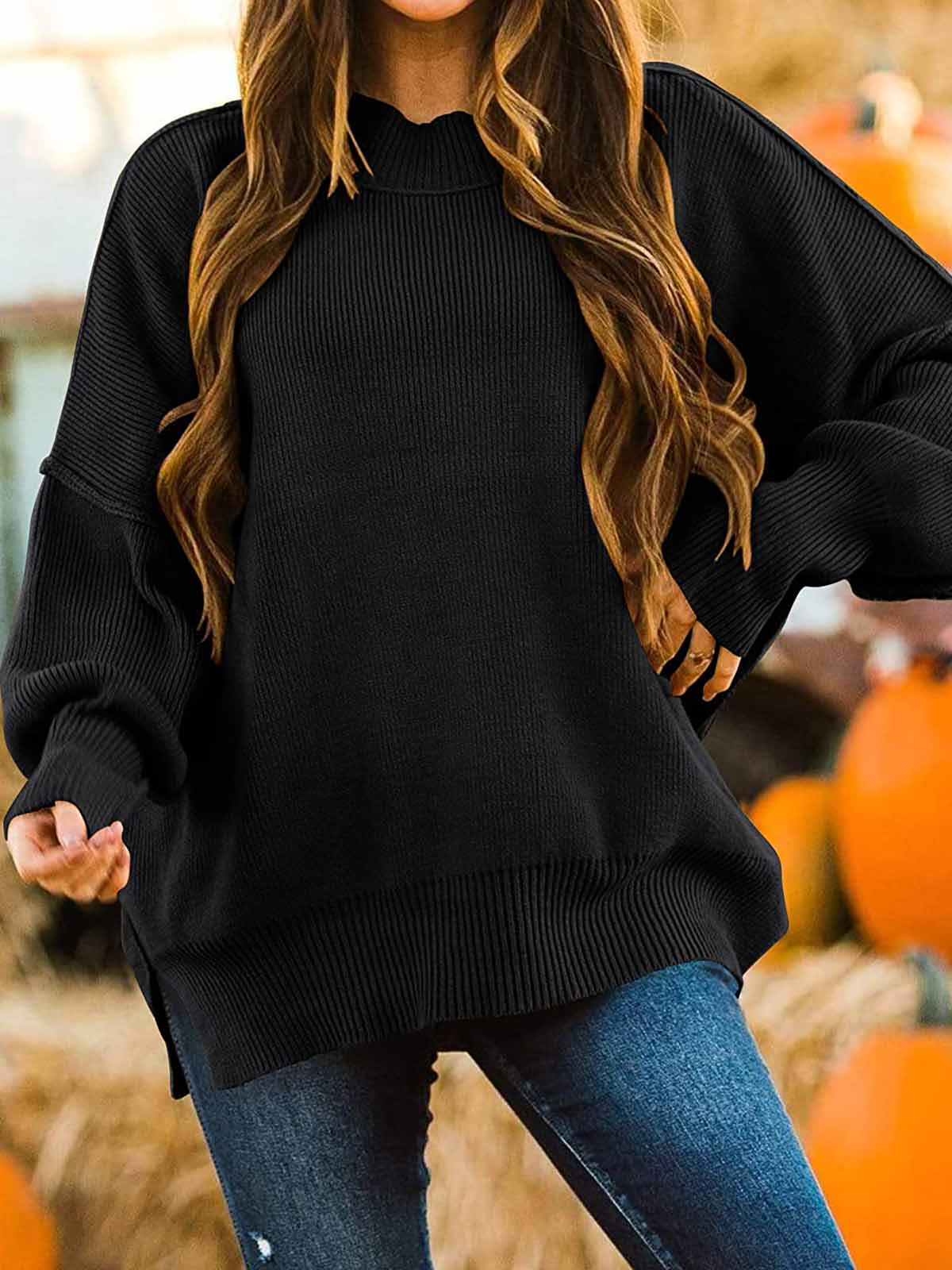 Side Slit Knit Balloon Sleeve Sweater