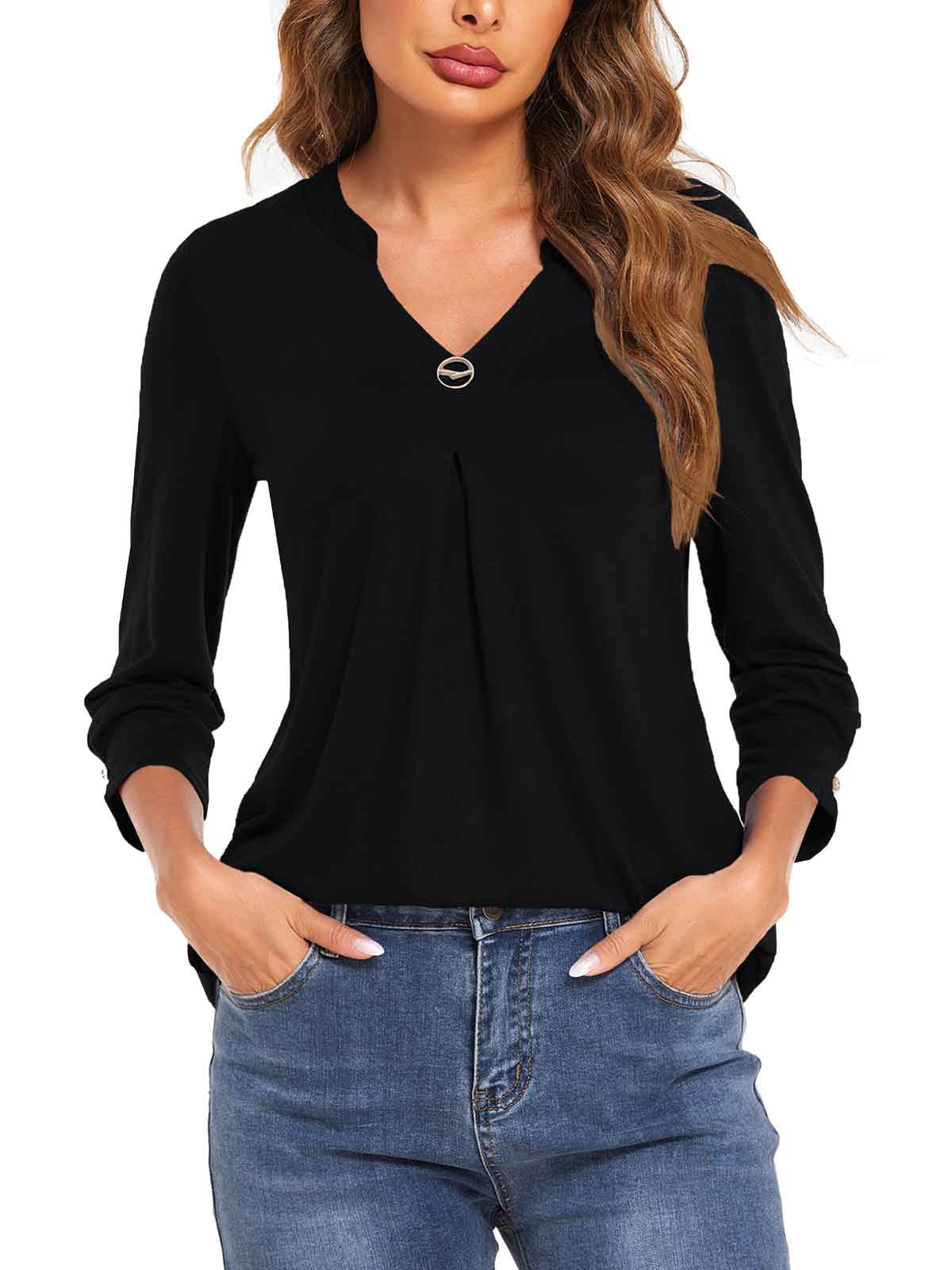 3/4 Sleeve Pleated Plain Tops