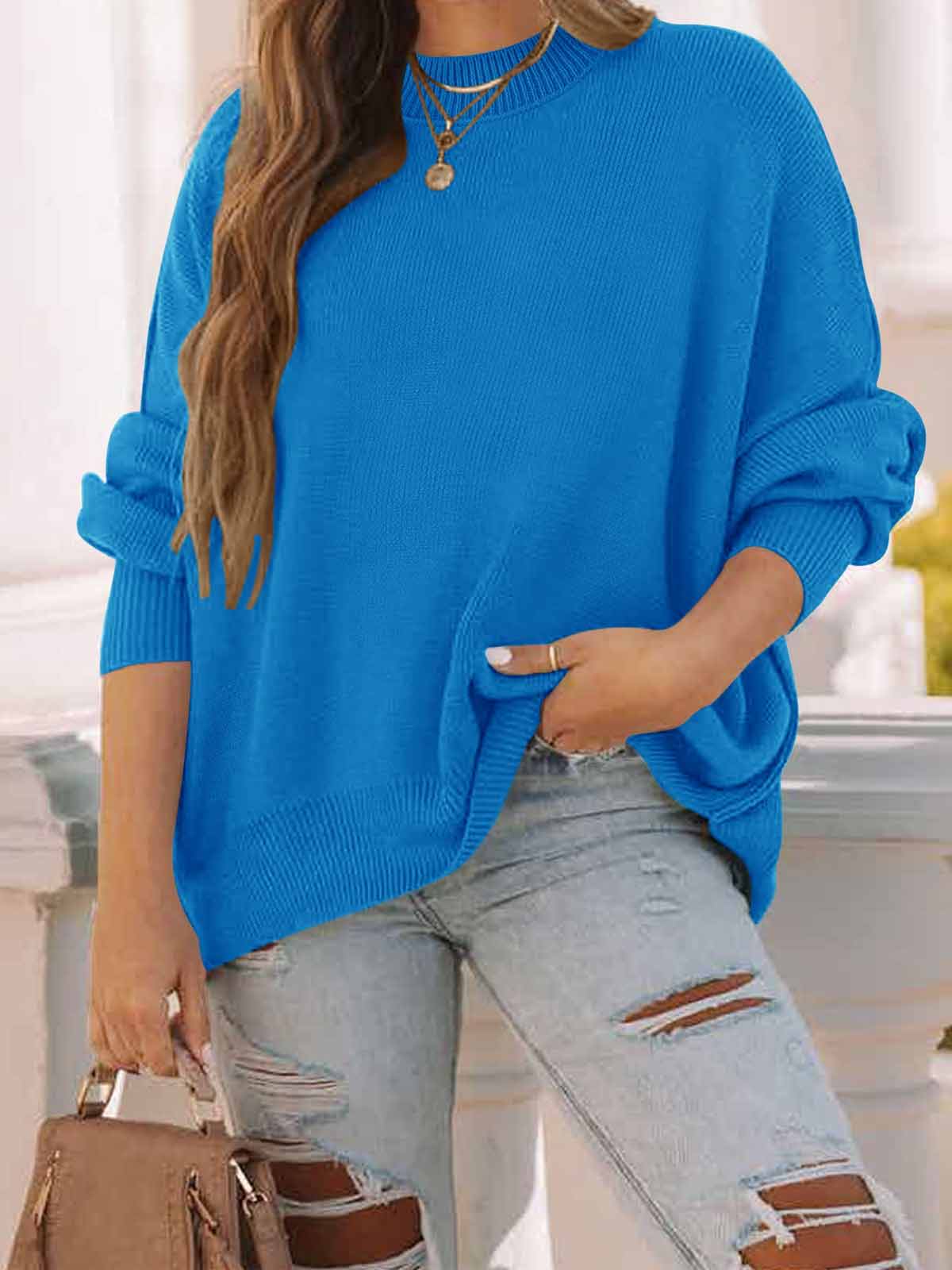 Side Slit Knit Balloon Sleeve Sweater