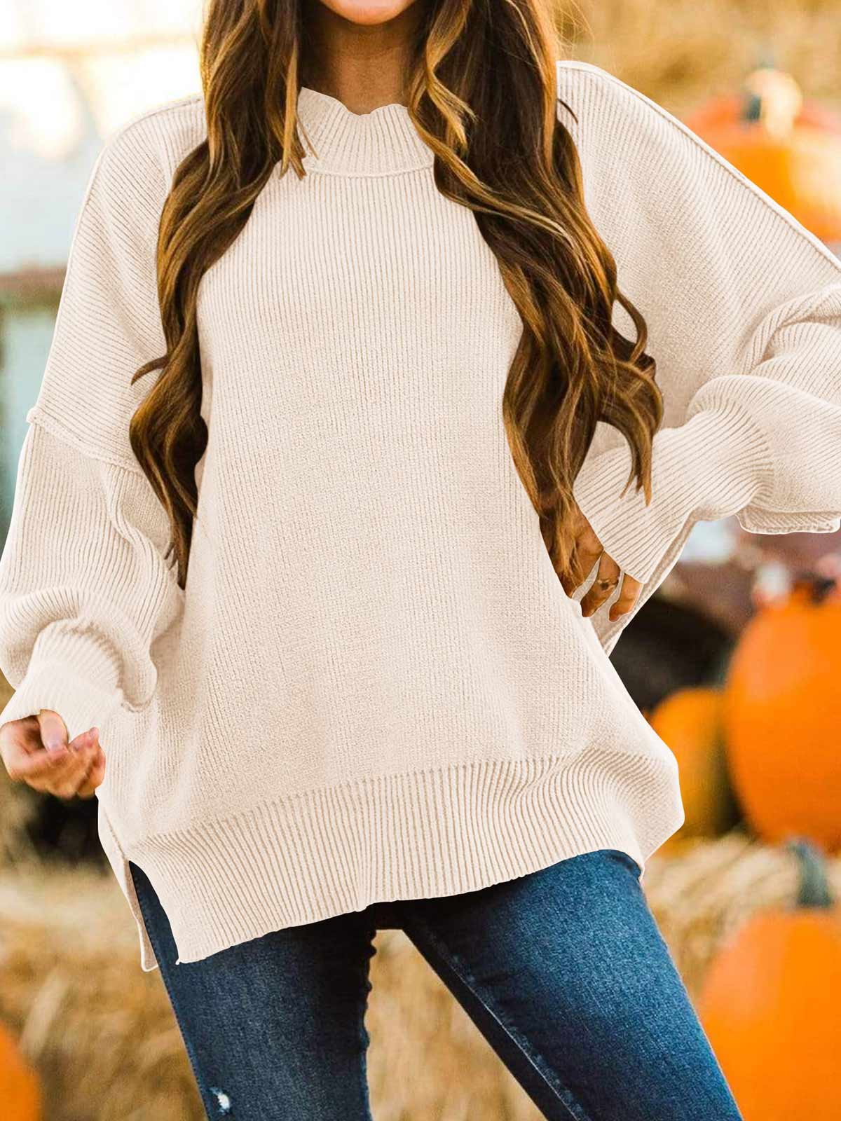 Side Slit Knit Balloon Sleeve Sweater