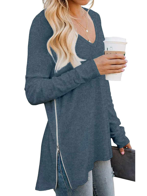 V Neck Slit Zip Tops