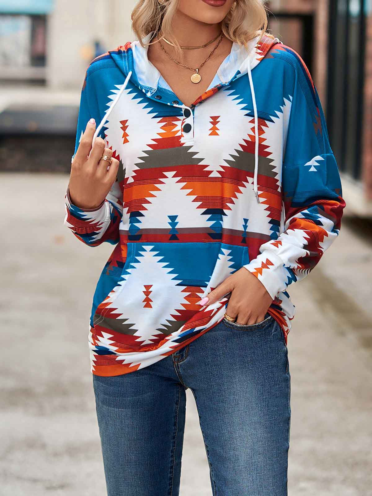 Geometric Print Hoodie with Pockets