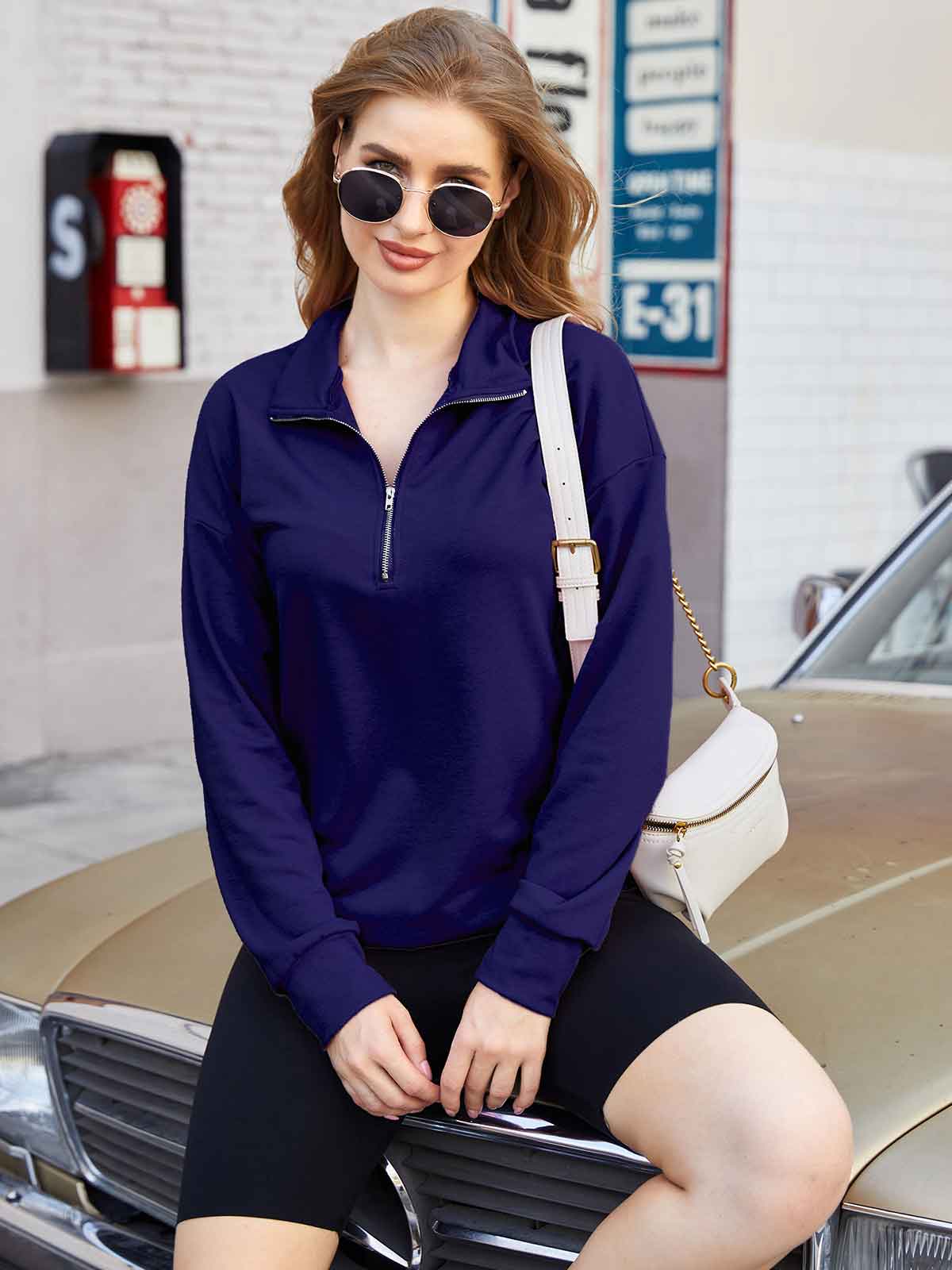 1/4 Lapel Zipper Solid Pullover Sweatshirt