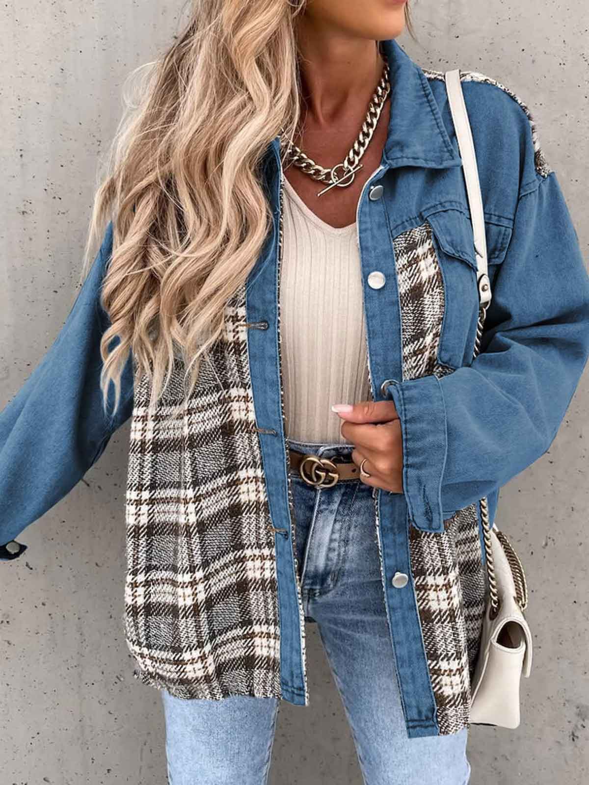 Plaid Button Down Denim Jacket