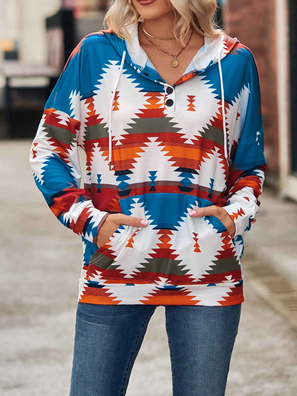 Geometric Print Hoodie with Pockets