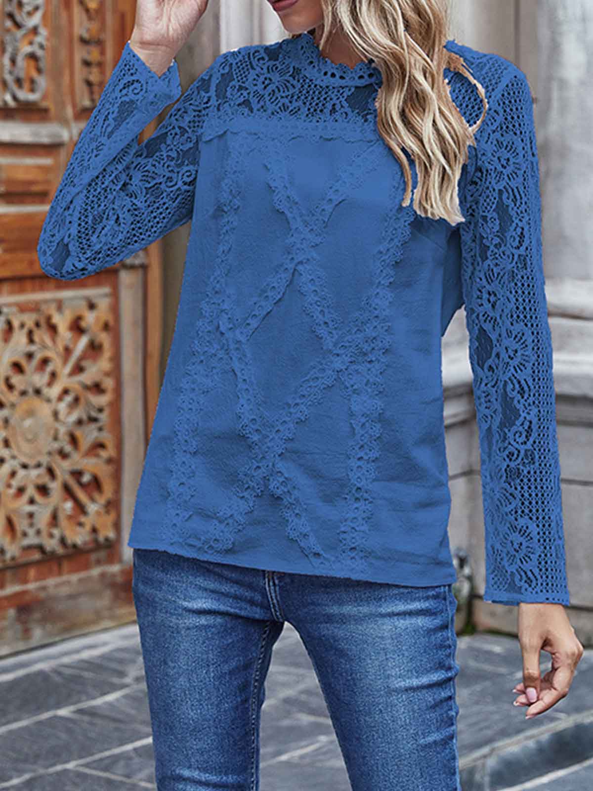 Lace Sleeve Solid Color Tops