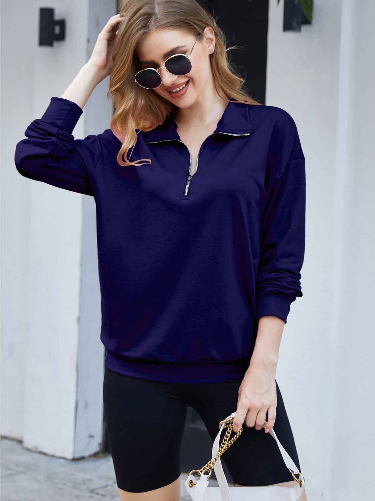 1/4 Lapel Zipper Solid Pullover Sweatshirt