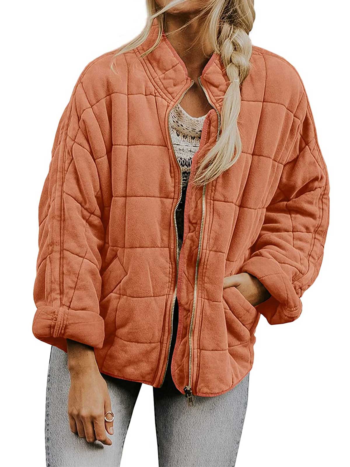 Open Zip Solid Color Padded Jacket